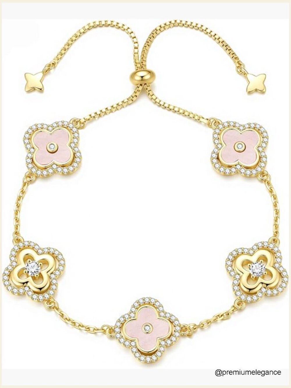 Dainty Gold Plated CZ Clover Link Bracelet - Adjustable